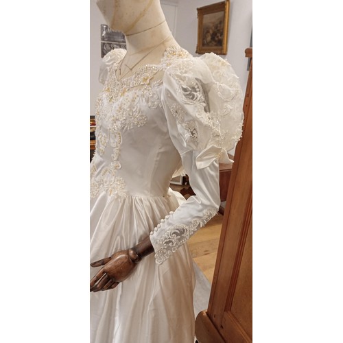 83 - Ivory wedding dress size 14 long sleeves with balloon shoulders and scallop neckline