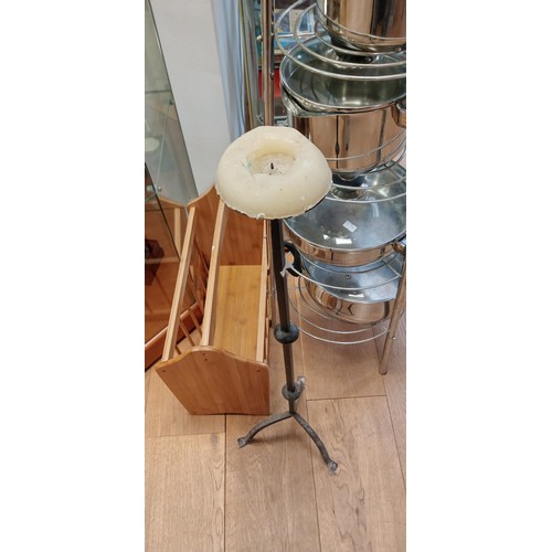 111 - Sauce pan stand with 5 different pots, wooden magazine rack plus black candlestick stand