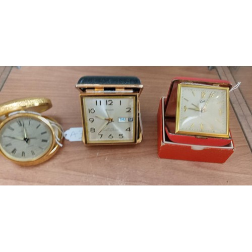 130 - 3 Vintage travel clocks Time Master, Coral & Europa