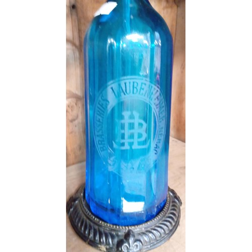 207 - Vintage French soda siphon in aquamarine glass with Brasseries Laubenheimer, Nerac with stand