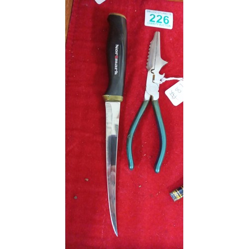 226 - Normak fish filleting knife and sheath plus fishing pliers