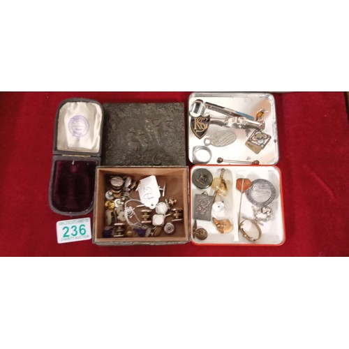 236 - Selection of vintage pins, cufflinks, jewellery box and more