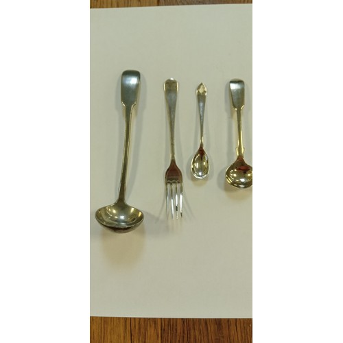 3 - Miniature toddy ladel, fork and 2 mustard/ jam spoons