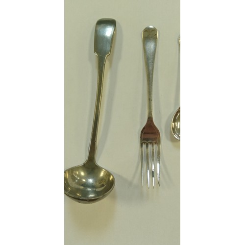 3 - Miniature toddy ladel, fork and 2 mustard/ jam spoons