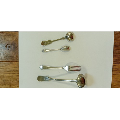 3 - Miniature toddy ladel, fork and 2 mustard/ jam spoons