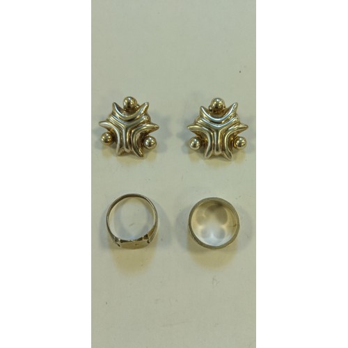 42 - 2 Silver hallmarked rings and pair of silver earrings marked silver