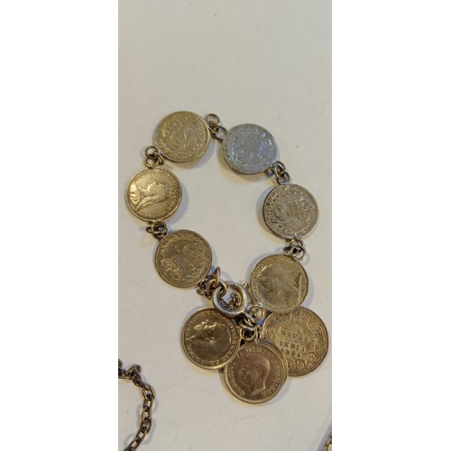 47 - Silver coin bracelet plus silver locket bracelet and necklace