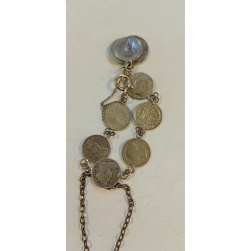 47 - Silver coin bracelet plus silver locket bracelet and necklace