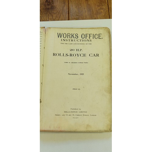 54 - 1925 Works Office instructions for the care and running of 20 H.P Rolls Royce car manual (well used ... 