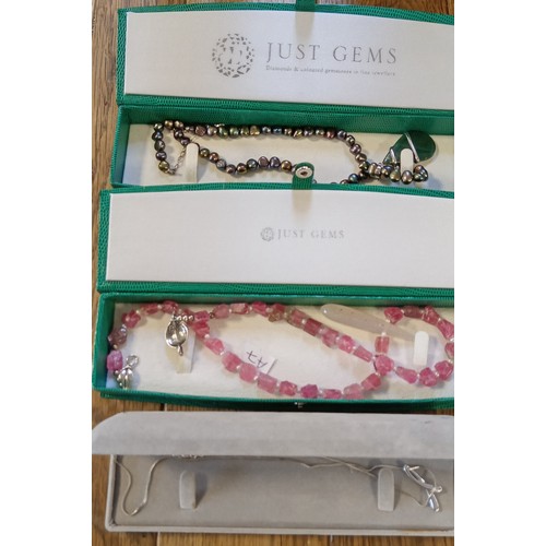 67 - 3 Just Gem necklaces in original boxes 1 solid silver with hallmarks & 1 is made of water pearls