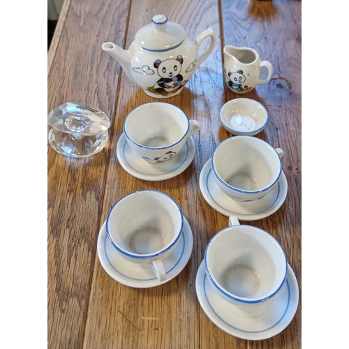 68 - Vintage panda miniature tea set plus pearl in a crystal shell