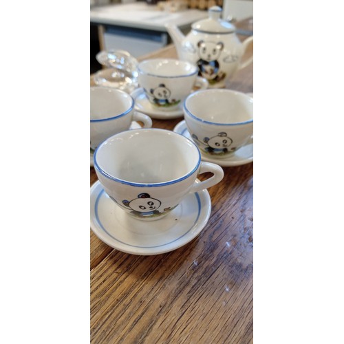 68 - Vintage panda miniature tea set plus pearl in a crystal shell