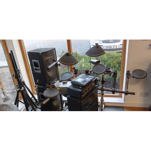 1 - Yamaha electric drum kit with DTX, sound lab speakers, gorilla speaker stands and Sharp 3 way system... 