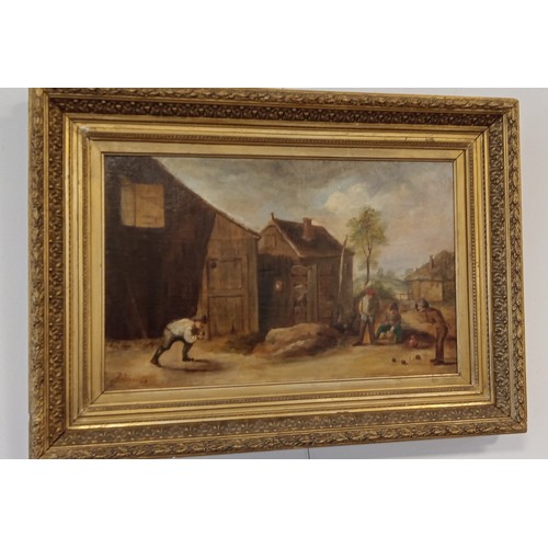 3 - Victorian gilt framed oil painting 'Bowling Scene' by B Bower 73cm x 53cm approx