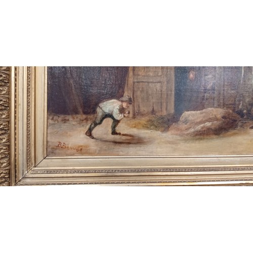 3 - Victorian gilt framed oil painting 'Bowling Scene' by B Bower 73cm x 53cm approx