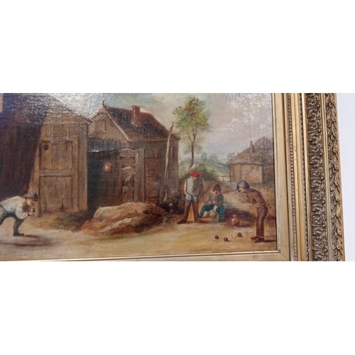 3 - Victorian gilt framed oil painting 'Bowling Scene' by B Bower 73cm x 53cm approx