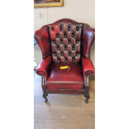 5 - Blood Ox chesterfield wing back chair with cat claw marks