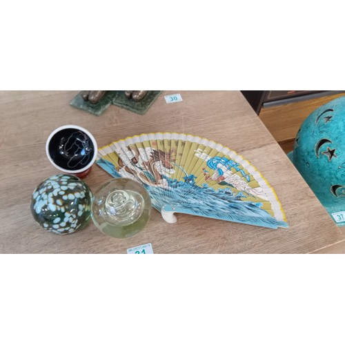 31 - 2 paperweights, Oriental fan and one other