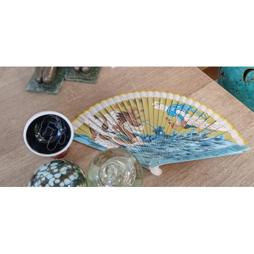 31 - 2 paperweights, Oriental fan and one other