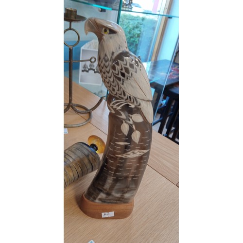 52 - Carved horn bird of prey statue plus carved horn ornament