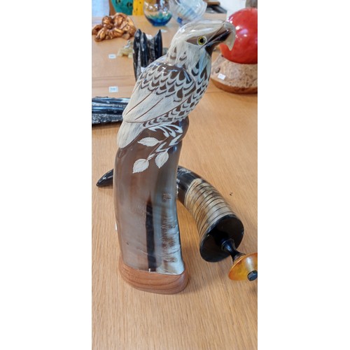 52 - Carved horn bird of prey statue plus carved horn ornament