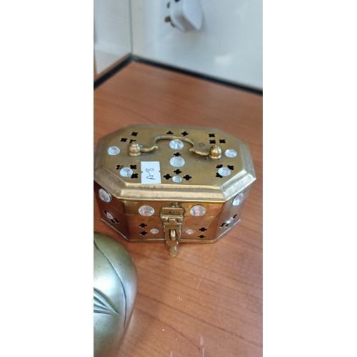 65 - Brass Oriental small box and a face box plus sphere