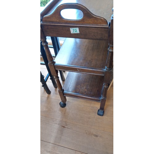 72 - Vintage 3 tier wooden trolley plus whisky barrel plant stand