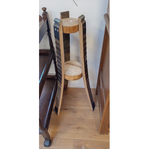 72 - Vintage 3 tier wooden trolley plus whisky barrel plant stand