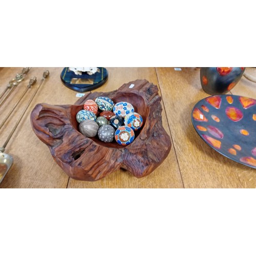 85 - Large wooden tree root bowl with ceramic and other eggs