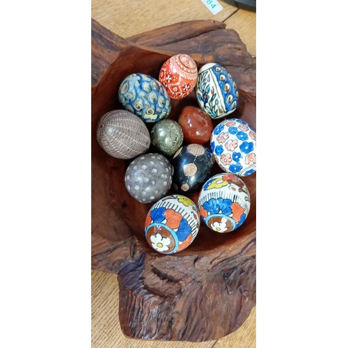 85 - Large wooden tree root bowl with ceramic and other eggs