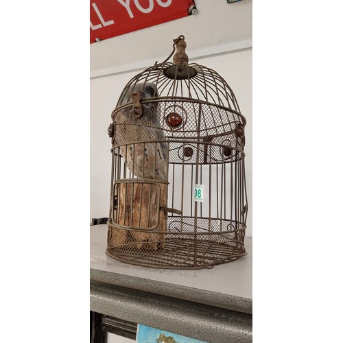 198 - Vintage bird cage with owl ornament inside