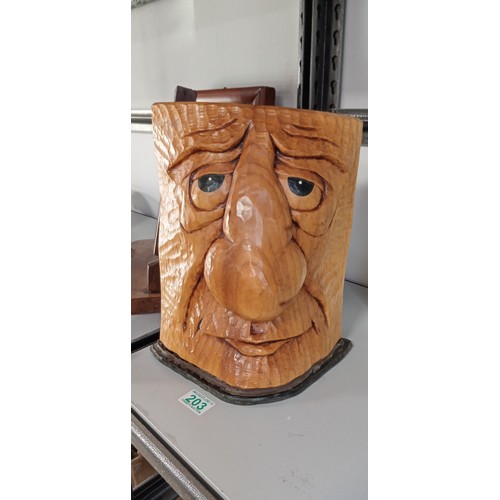 203 - Wooden carved face with www.heids.co.uk signed