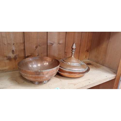 251 - Copper lidded bowl and copper dish