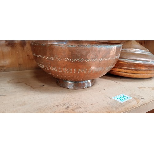 251 - Copper lidded bowl and copper dish