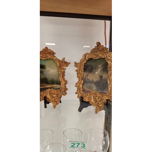 273 - Pair of night scene Dutch oils in antique style plaster frame