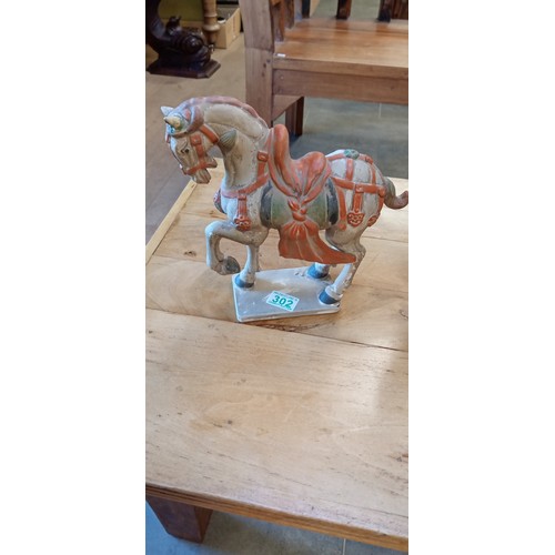 302 - Pair of terracotta style horses plus large vase