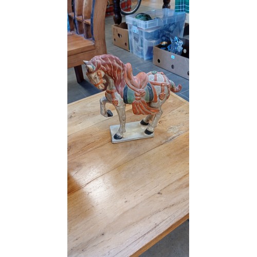 302 - Pair of terracotta style horses plus large vase