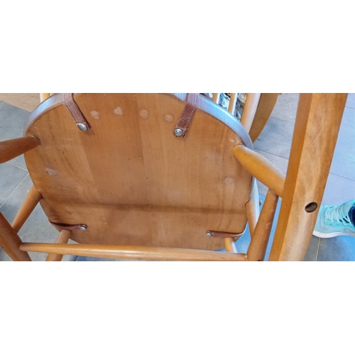 303 - Vintage blue label Ercol light wood rocking chair with Ercol covers