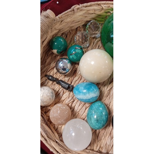 362 - Basket with ornate eggs, glass spheres and more