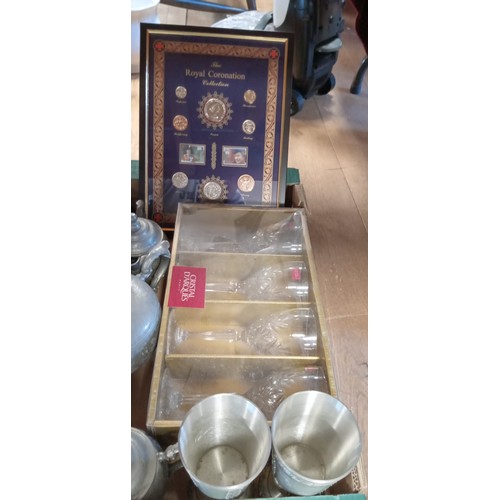 397 - Box of including pewter, coins and glassware