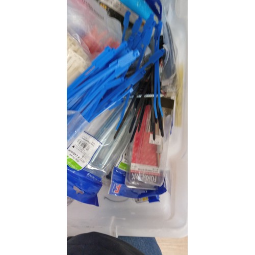 107 - 2 Boxes of mixed items to include Bosch multi detector, bolts, cable ties and more