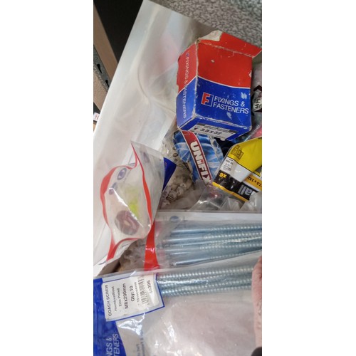 107 - 2 Boxes of mixed items to include Bosch multi detector, bolts, cable ties and more