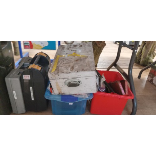 217 - Selection of mixed items to include gas cooker, jerry cans and some tools