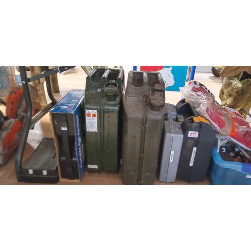 217 - Selection of mixed items to include gas cooker, jerry cans and some tools