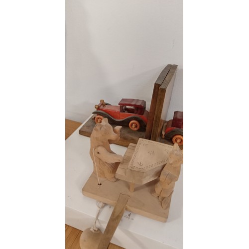 35 - Wooden car book ends plus wooden bear toy