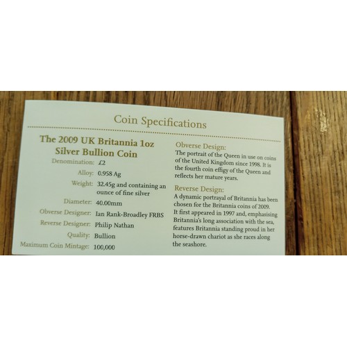 21 - Royal Mint Britannia 2009 UK 1oz silver bullion coin with certificate and in original box