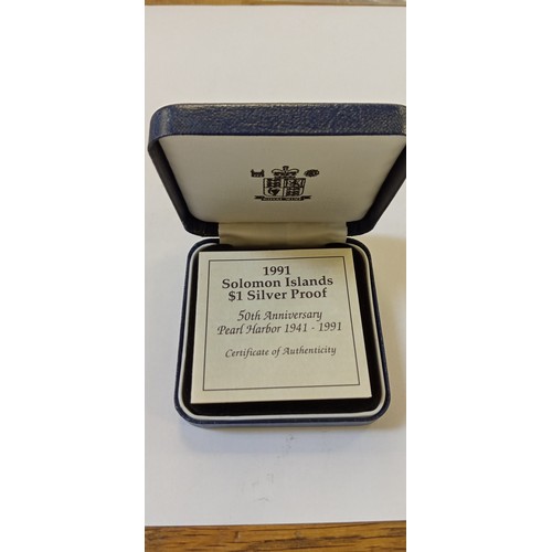 25 - Royal Mint 1991 Solomon Islands $1 silver proof coin 50th Anniversary Pearl Harbour with COA and ori... 