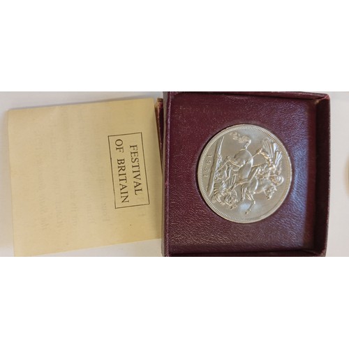 28 - 2 Festival of Britain crowns 1951, Churchill coin and 5 shilling ER coin