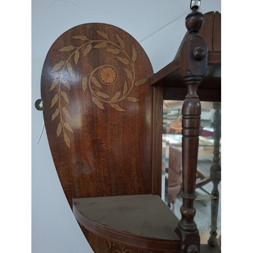 29 - Victorian heart shaped wooden with inlaid design wall mirror with shelves 54cm x 63cm approx. As fou... 