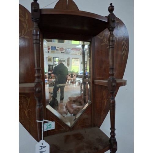 29 - Victorian heart shaped wooden with inlaid design wall mirror with shelves 54cm x 63cm approx. As fou... 